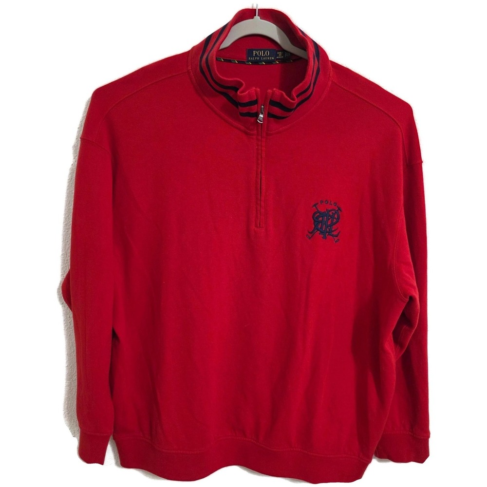 Polo Ralph Lauren Sweater Mens Big 3X Red Quarter Zip Mock Neck Pullover Logo‎